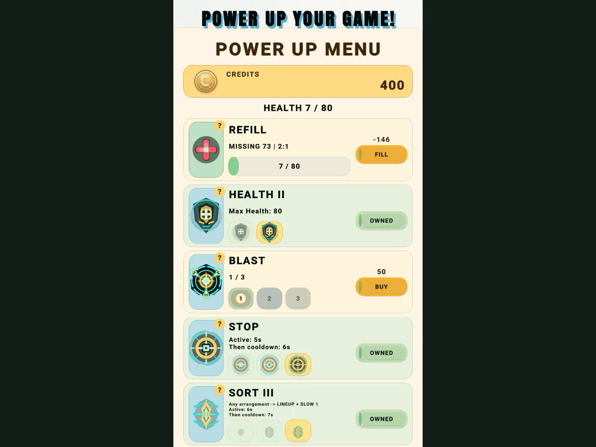 Numerosidad Power Up Menu showing health, refill, blast, slow, and sort options.