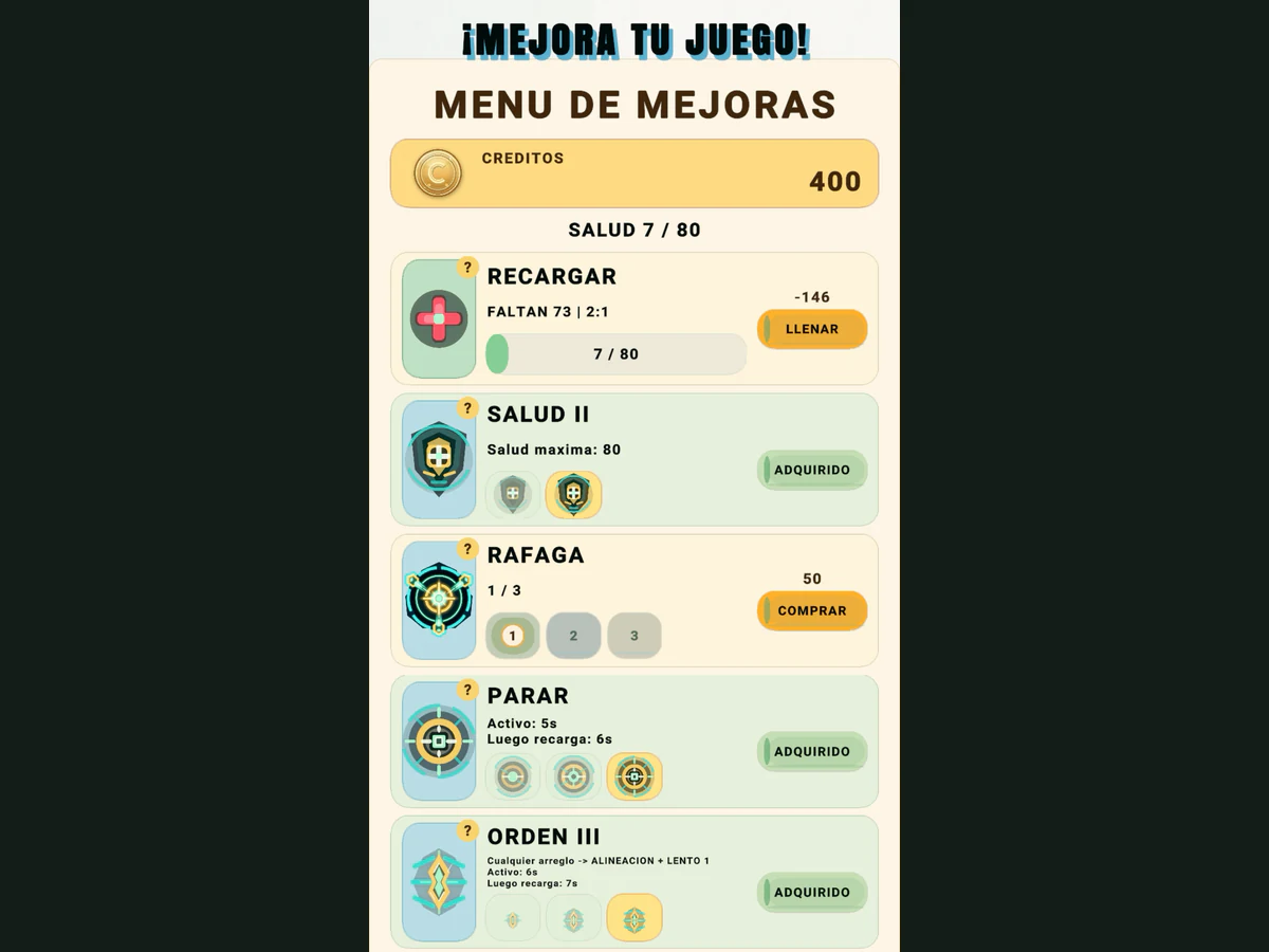 Menú de mejoras de Numerosidad con opciones de salud, recarga, ráfaga, lentitud y orden.