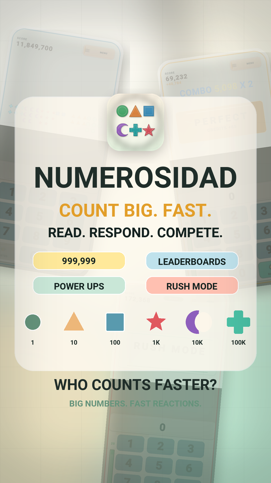 Numerosidad launch cover with Count Big. Fast. headline and six place-value symbols.
