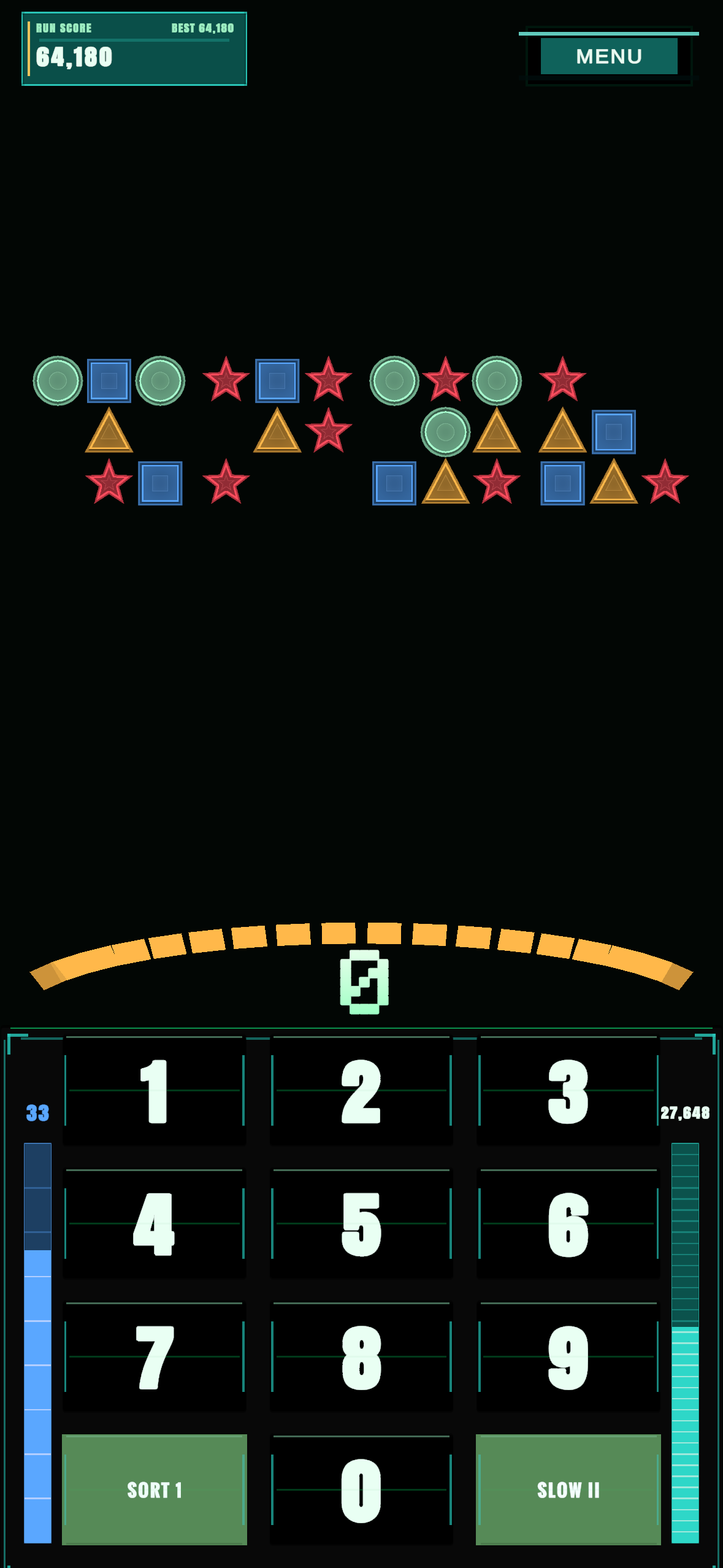 Dense Numerosidad gameplay with visual place-value units, keypad controls, Health, response budget, and score visible.