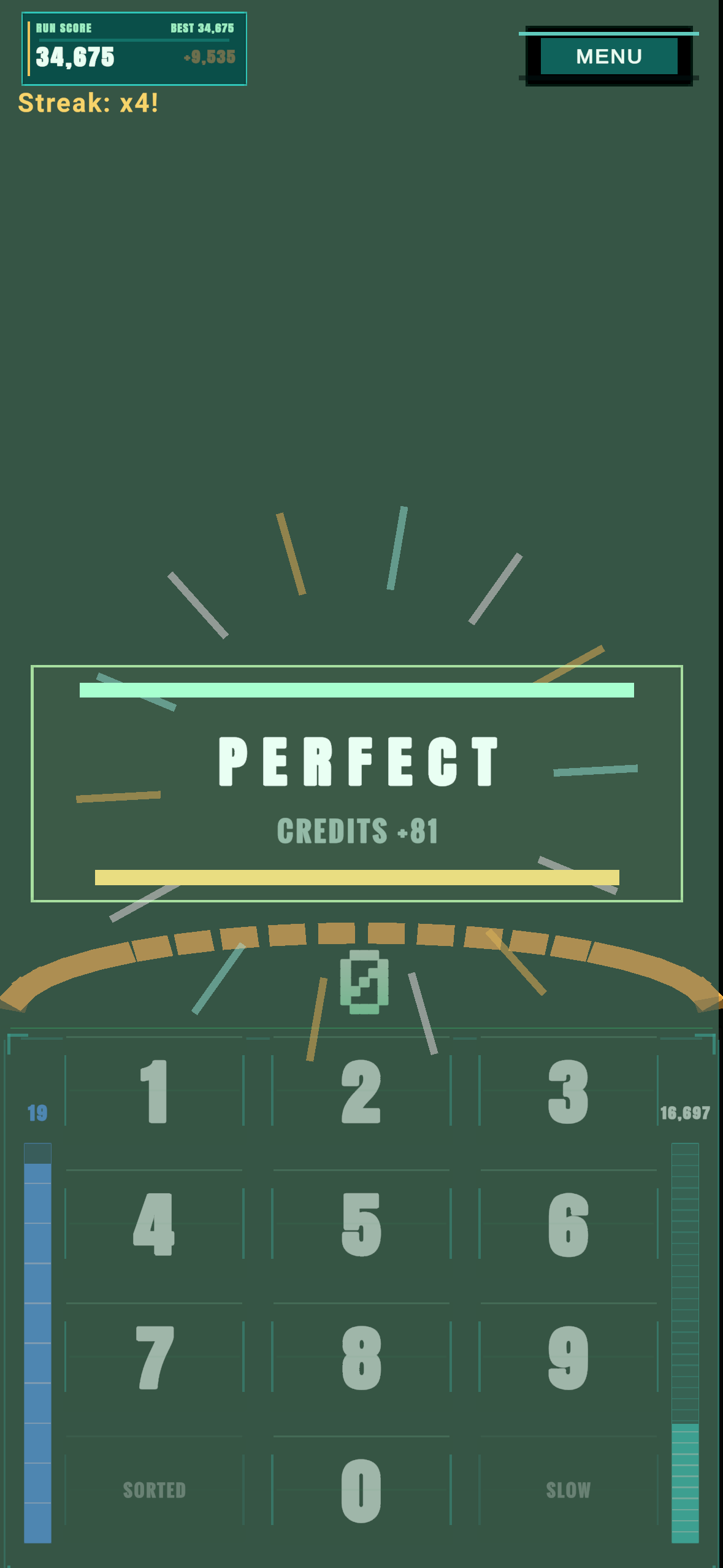 Numerosidad exact clear and combo feedback during gameplay.