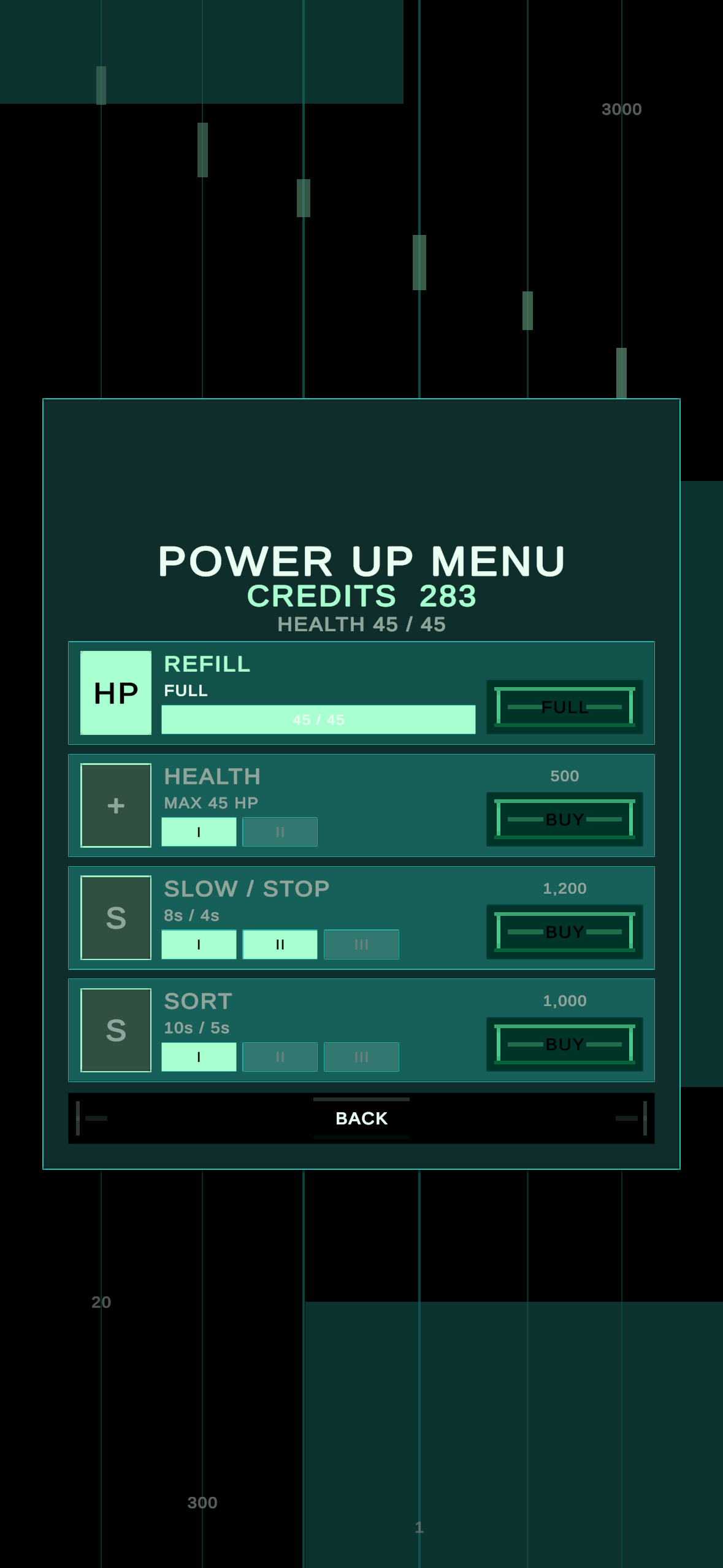 Numerosidad Power Up Menu showing upgrade choices.