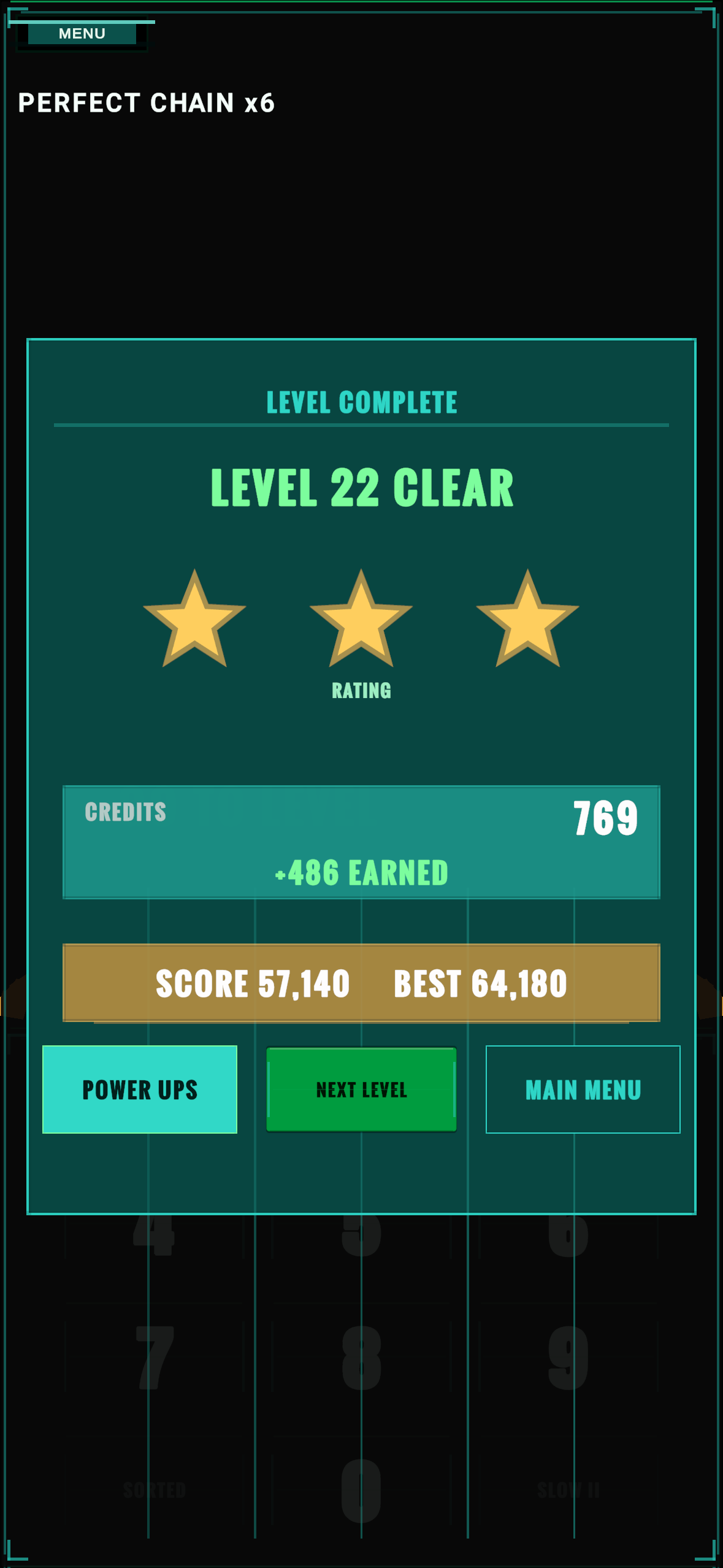 Numerosidad Level Complete screen showing rewards and stars.