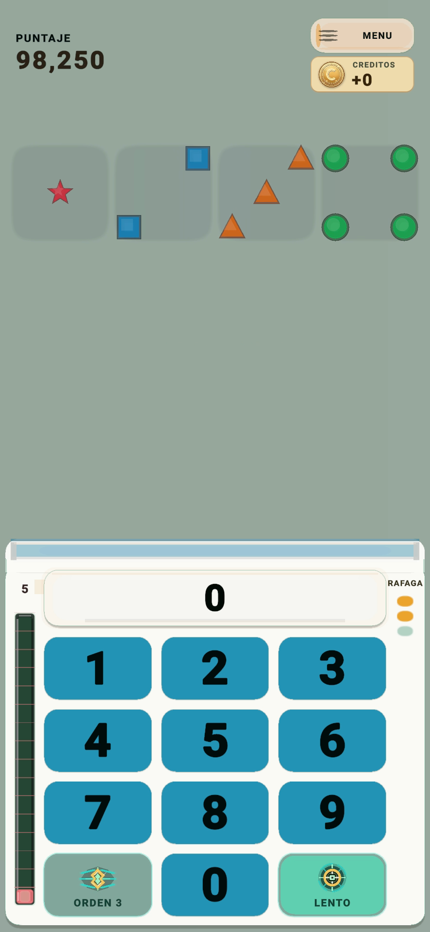 Partida actual de Numerosidad con 1.234 en Alineación: una estrella, dos cuadrados, tres triángulos y cuatro círculos entre cuatro matrices, con el teclado visible.