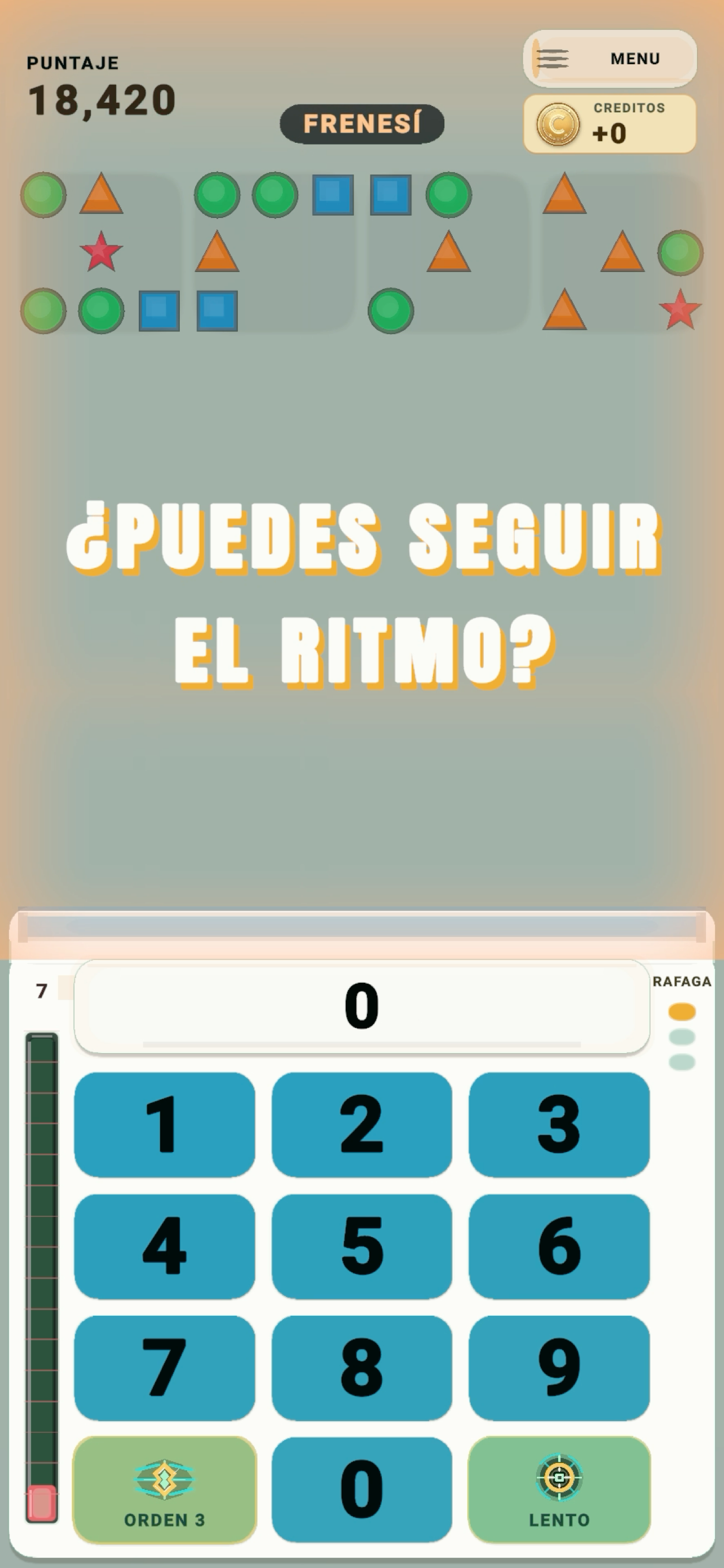 Partida actual en modo Frenesí de Numerosidad con una disposición Caos densa y el teclado visible.