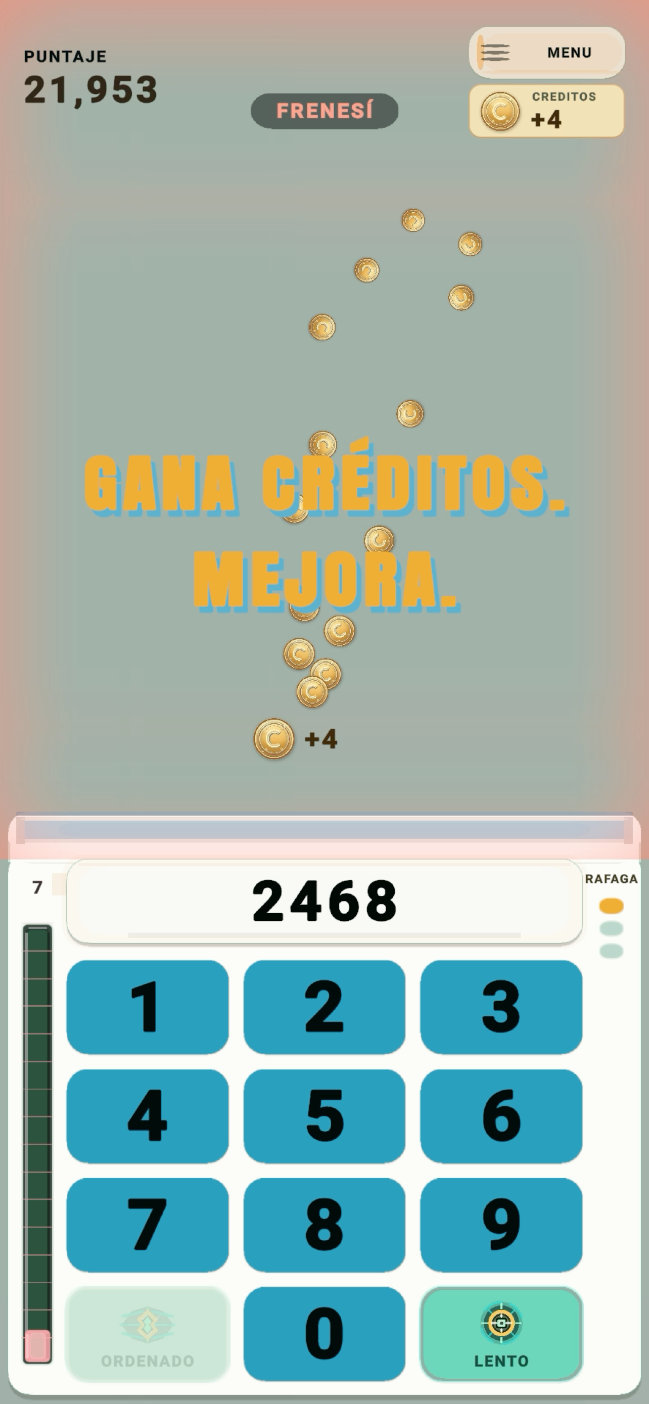 Partida actual de Numerosidad que muestra CRÉDITOS obtenidos tras un acierto.