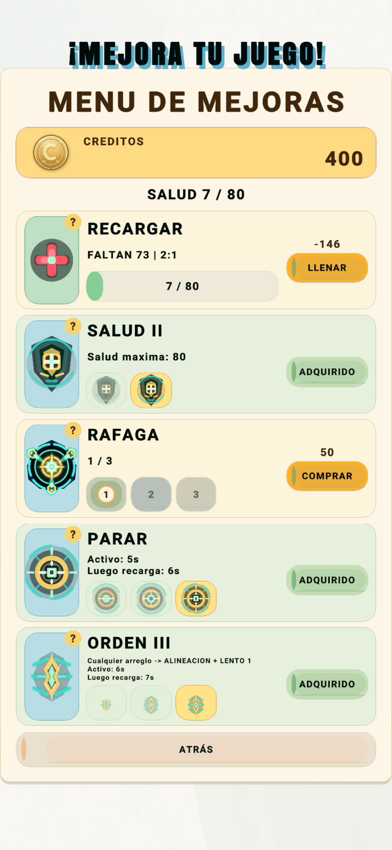 Menú de mejoras actual de Numerosidad con opciones para elegir.