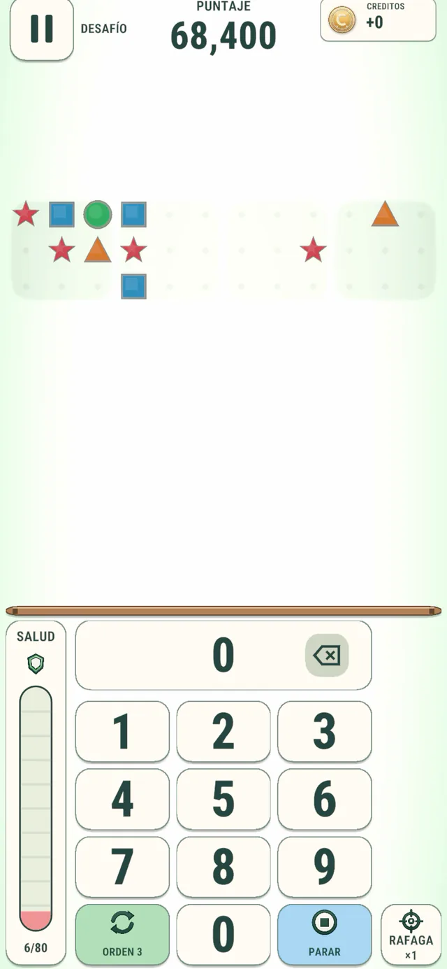 Partida renovada de Numerosidad con una oleada descendente de símbolos y teclado.