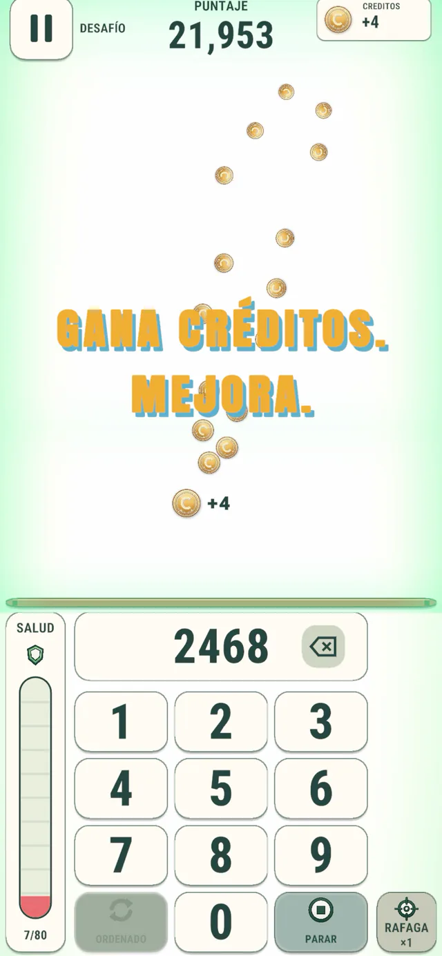 Partida renovada de Numerosidad que muestra CRÉDITOS obtenidos tras un acierto.