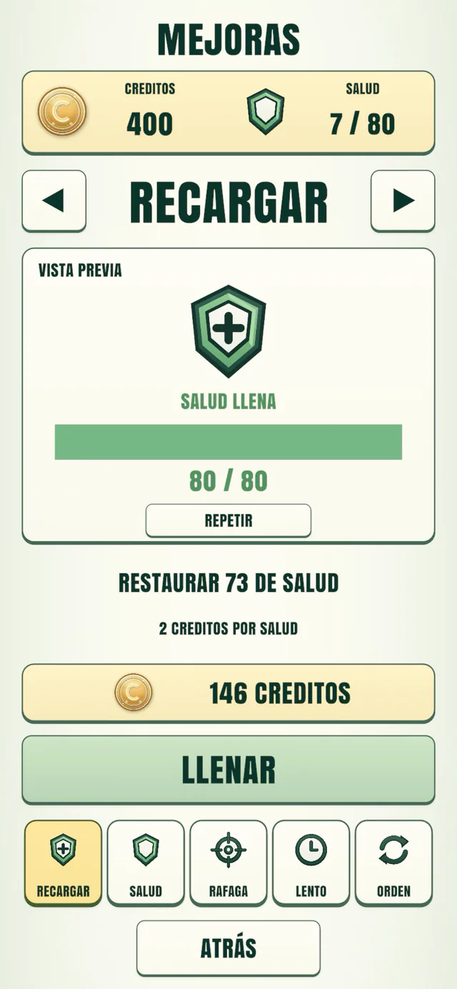 Pantalla renovada de mejoras de Numerosidad.